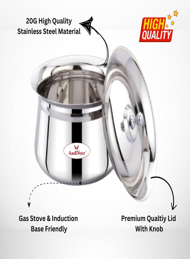 AadiVeer 1350ml Stainless Steel Handi | Steel Pot | Milk Pot | Dahi Handi with Lid & Knob, Dia - 13cm, Heavy Guage High Polished, Silver - Image 2